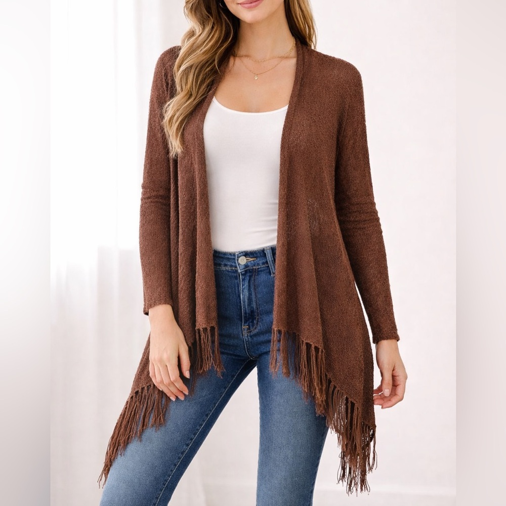 Chico's Laguna French Cape Ruana Cognac Open-Front Fringe Trim Cardigan M/L NWT